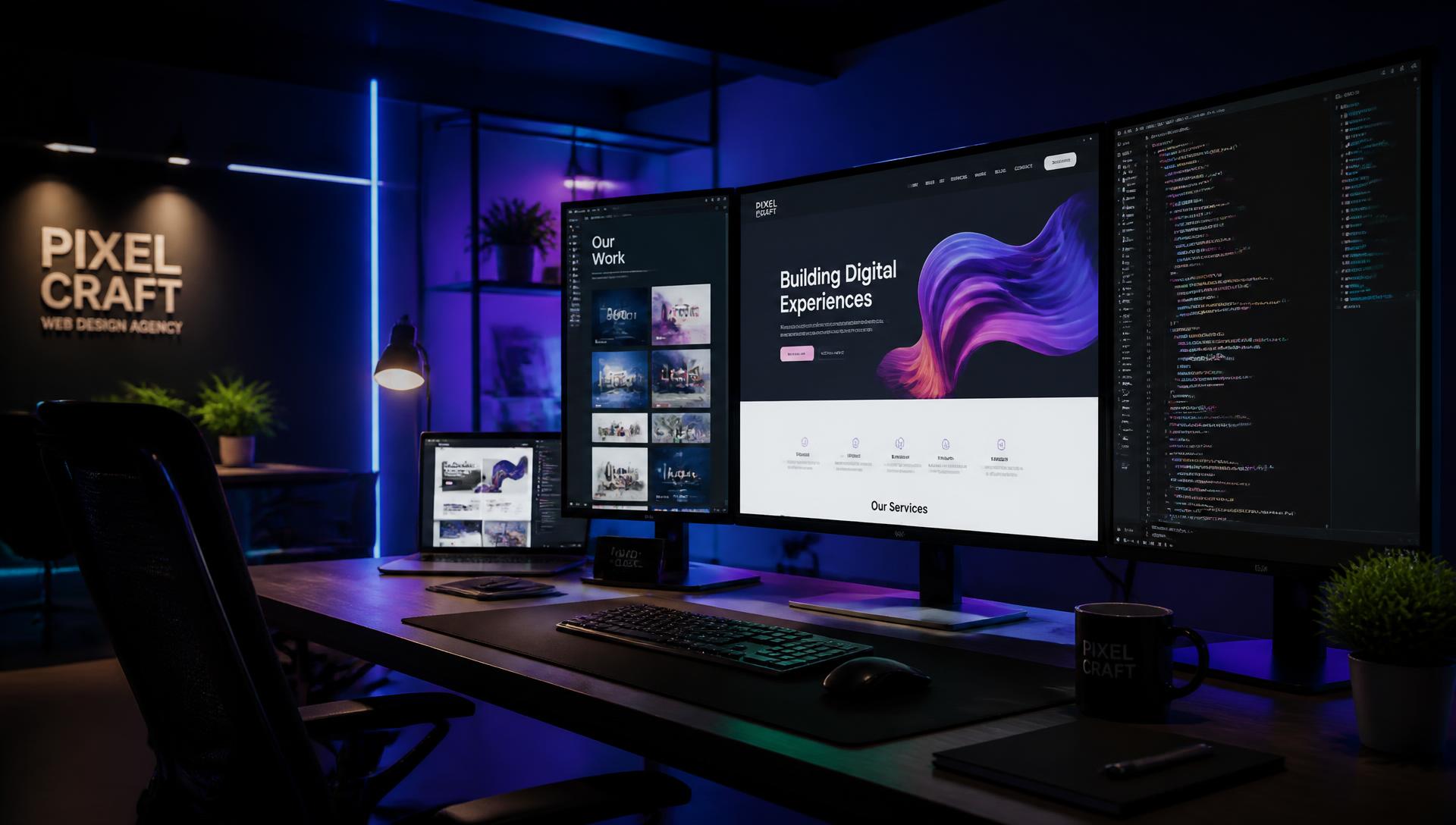 Modern web design workspace with multiple screens showing website designs and code